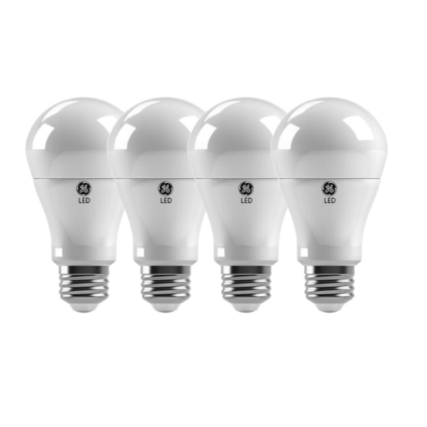 4 GE A19 (standard) light bulbs side by side.