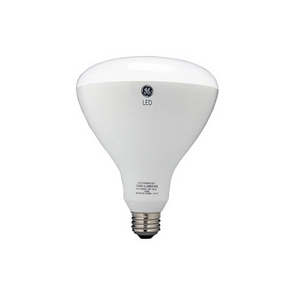 A single white BR40 bulb with GE LED logo on front. Standard screw base