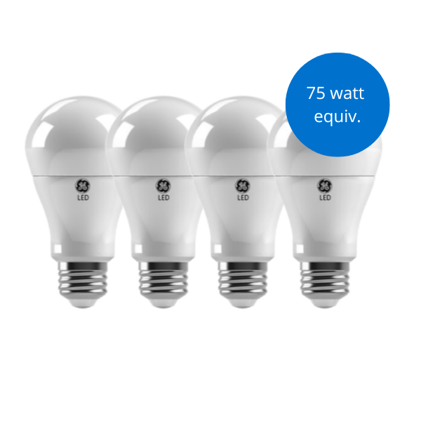 4 GE A19 (standard) light bulbs side by side. Blue burst in upper right hand corner stating "75 watt equivalent"