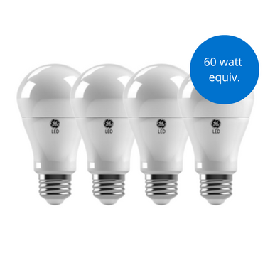 4 GE A19 (standard) light bulbs side by side. Blue burst in upper right hand corner stating "60 watt equivalent"